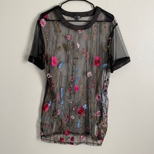 Fashion Nova Raining Daisies Mesh Top, L, Black with daisy print